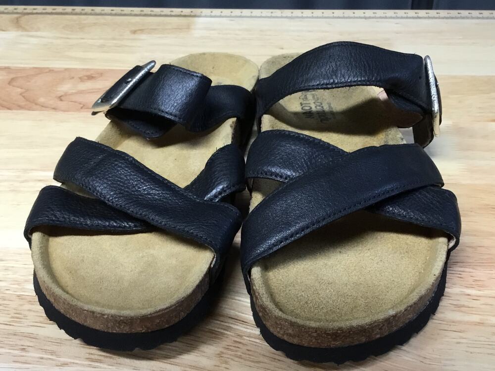 Naot Chicago Slide Sandals Women's 10 Black Leather Slip-On Cross Strap Buckle